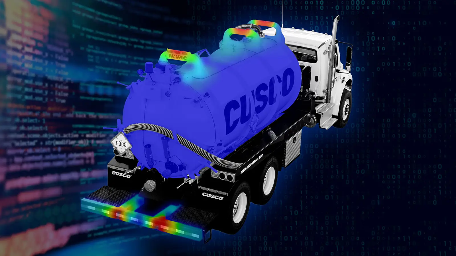 Rear view of Cusco vacuum truck with blue tank and hose, heatmap highlights and code-style digital background