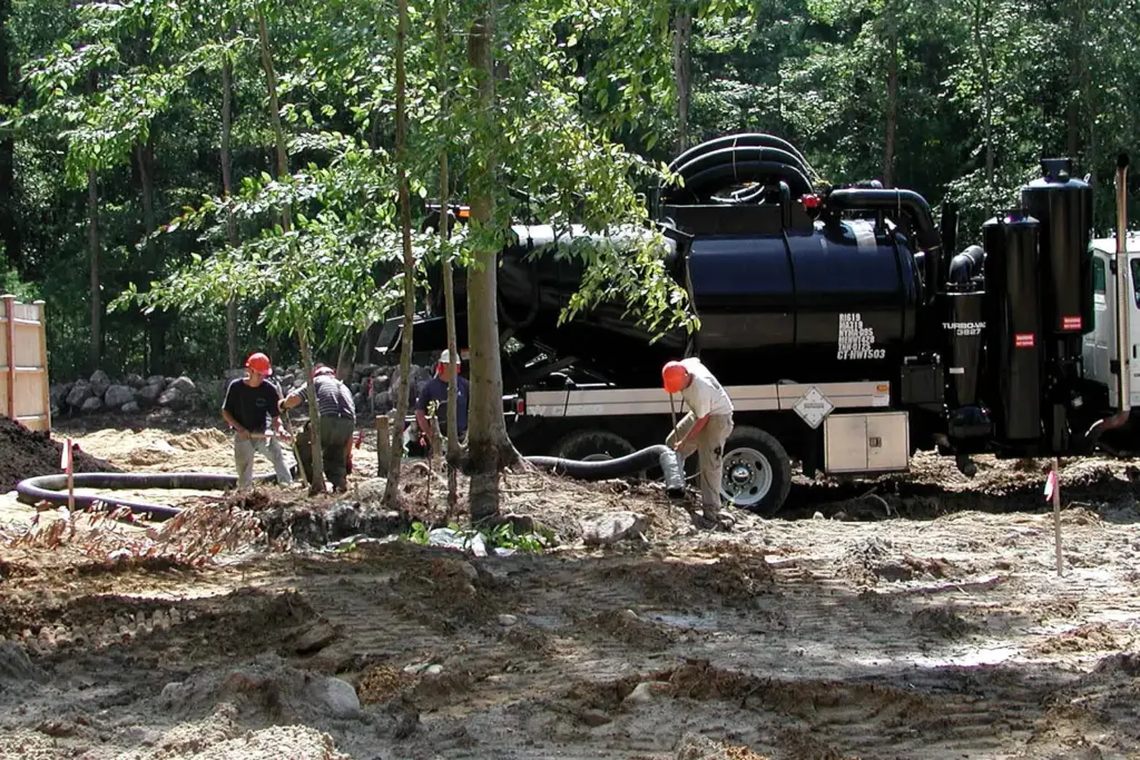 Workers with hoses beside a black heavy-duty vacuum truck at a wooded construction site, Cusco industrial vacuum equipment