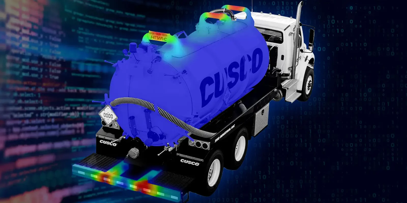Rear view of Cusco vacuum truck with blue tank and hose, heatmap highlights and code-style digital background