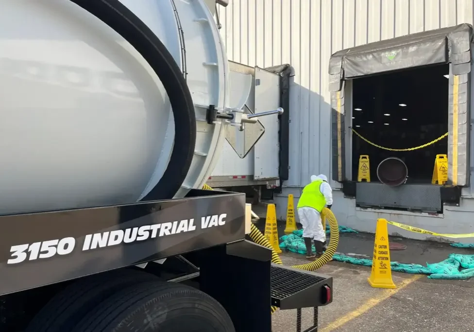 3150 industrial vacuum truck with operator feeding yellow hose into loading dock, Cusco industrial vacuum equipment