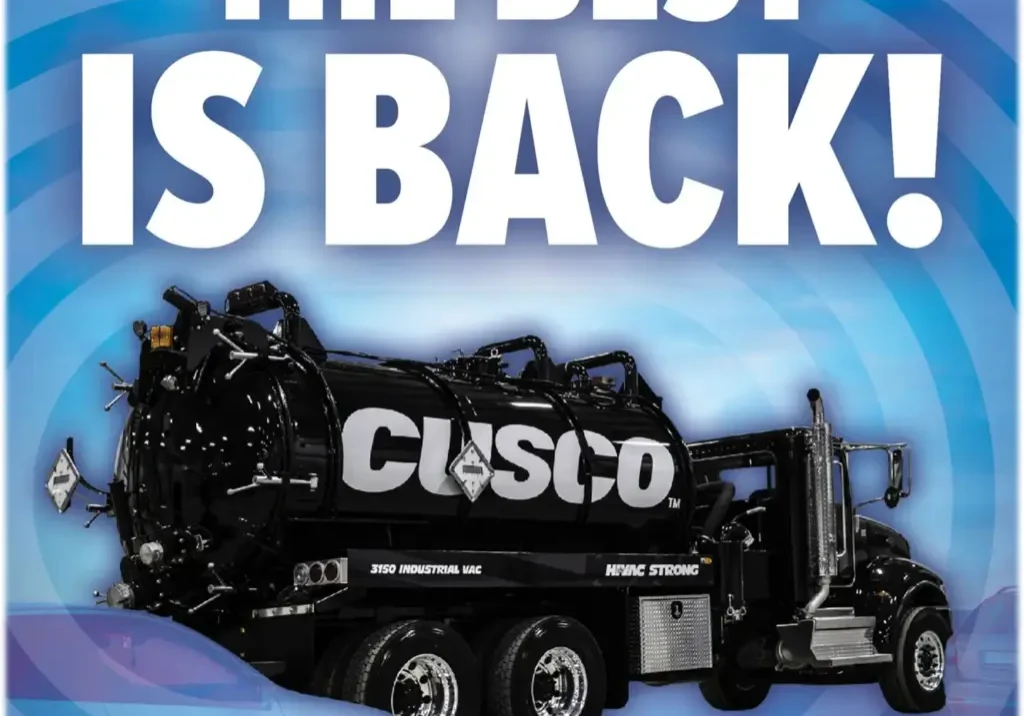 Black Cusco vacuum truck with large tank and hoses on blue backdrop, heavy-duty industrial vacuum equipment