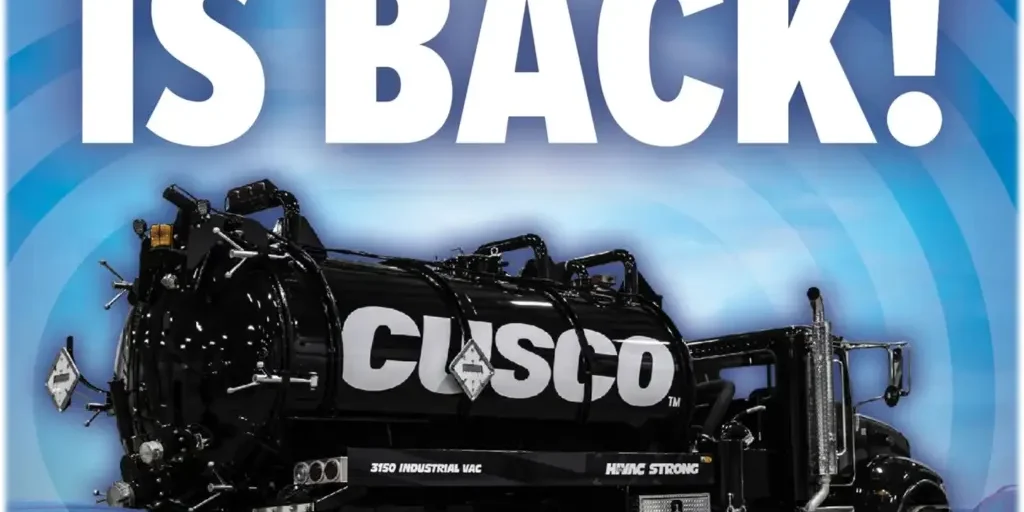 Black Cusco vacuum truck with large tank and hoses on blue backdrop, heavy-duty industrial vacuum equipment